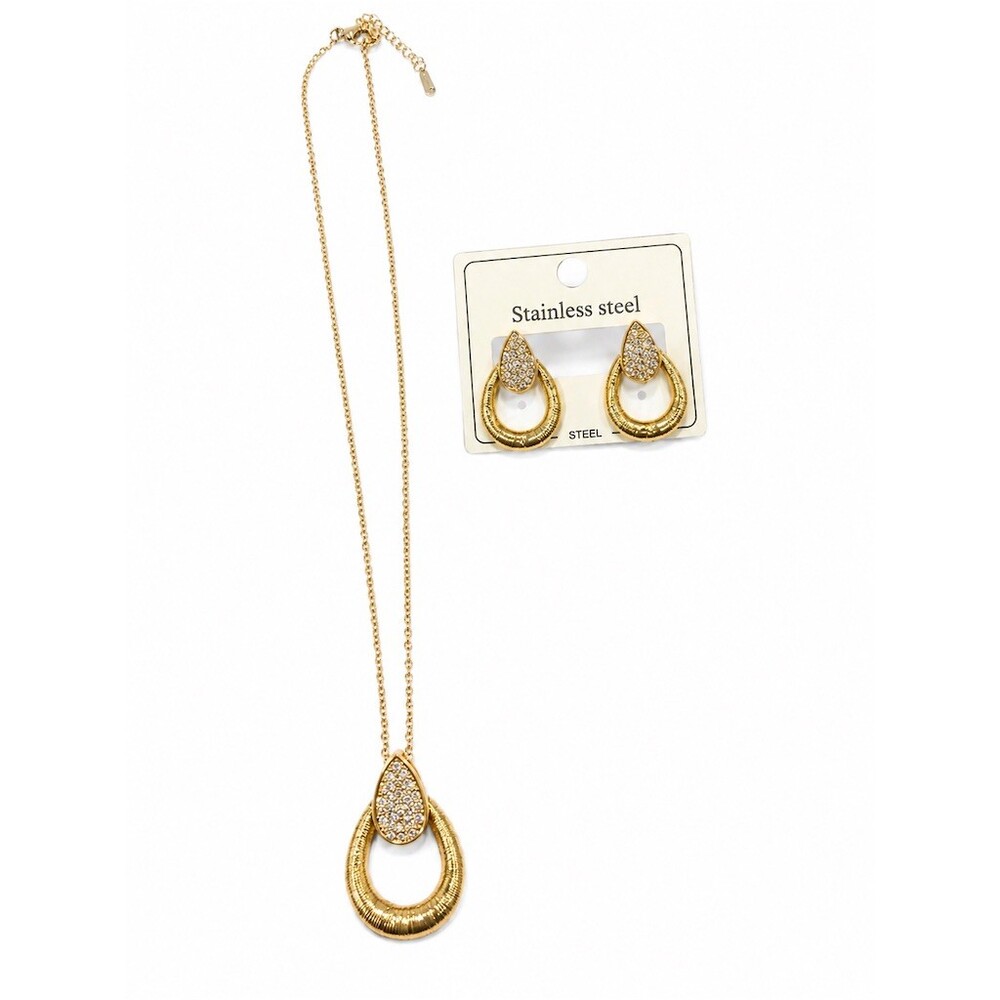 Gold Teardrop CZ Necklace & Earrings Set Clear Pendant Dangle Jewelry Set